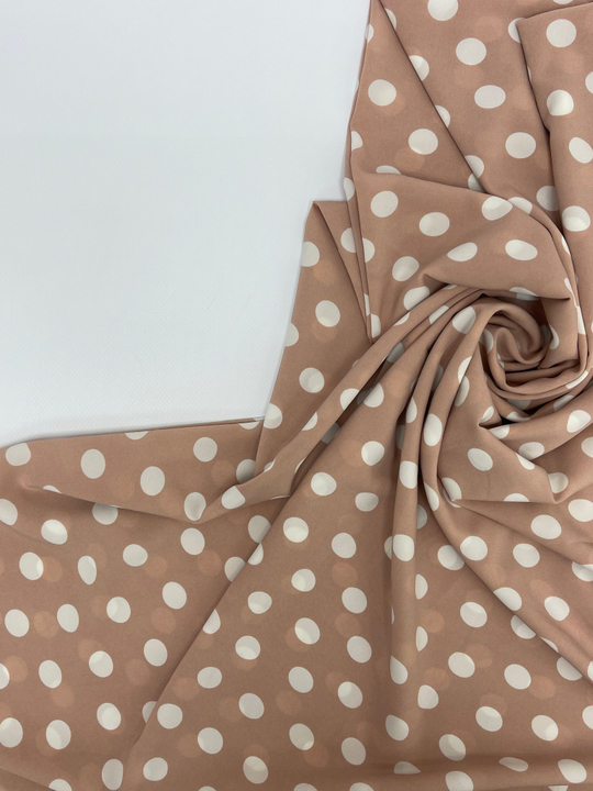 Шифон спандекс принт, горох белый на персиковом Пикассо