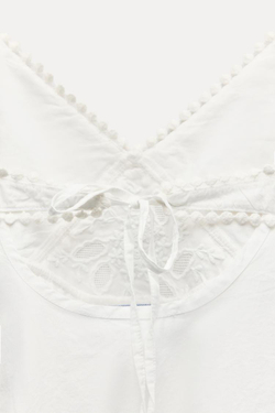 ZARA ТОП ИЗ ПОПЛИНА С ВЫШИВКОЙ, ЖЕЛТОВАТО-БЕЛЫЙ