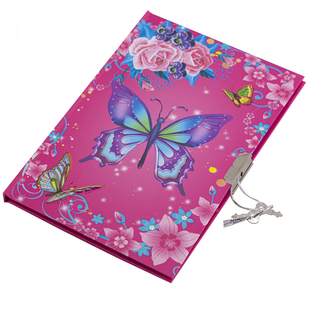 Блокнот 13,0 см * 19,0 см , 7БЦ, Alingar, ламинация, фольга, замочек, 40 л., линия, "Яркая бабочка", розовый
