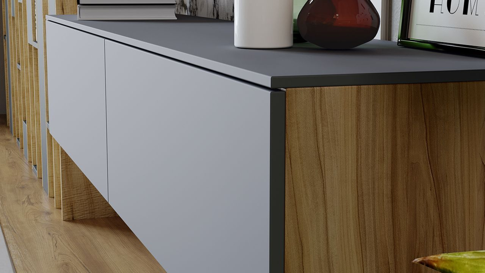 Тумба под телевизор подвесная Яблоня Беллуно/Графит софт 180х37х33 см