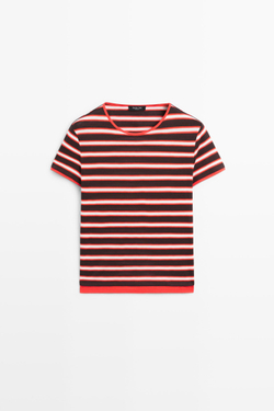 Massimo Dutti Хлопковая футболка в полоску с короткими рукавами, красный