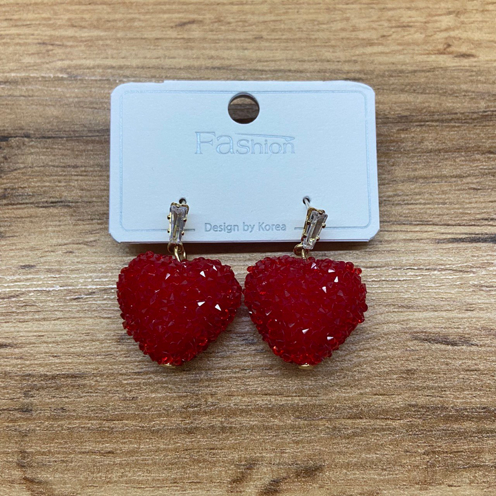 Серьги-гвоздики трапеция кристалл перевернутая подвеска Красное сердце металл золотистый