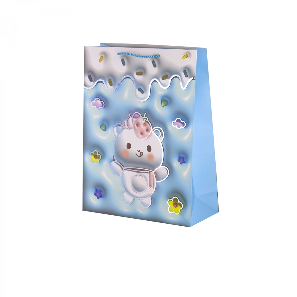 Пакет подарочный бумажный Alingar, (М) 18х23х10 см, вертикальный, "Милые мишки", мат. ламинация, тиснение голография, эфффект 3D, ассорти