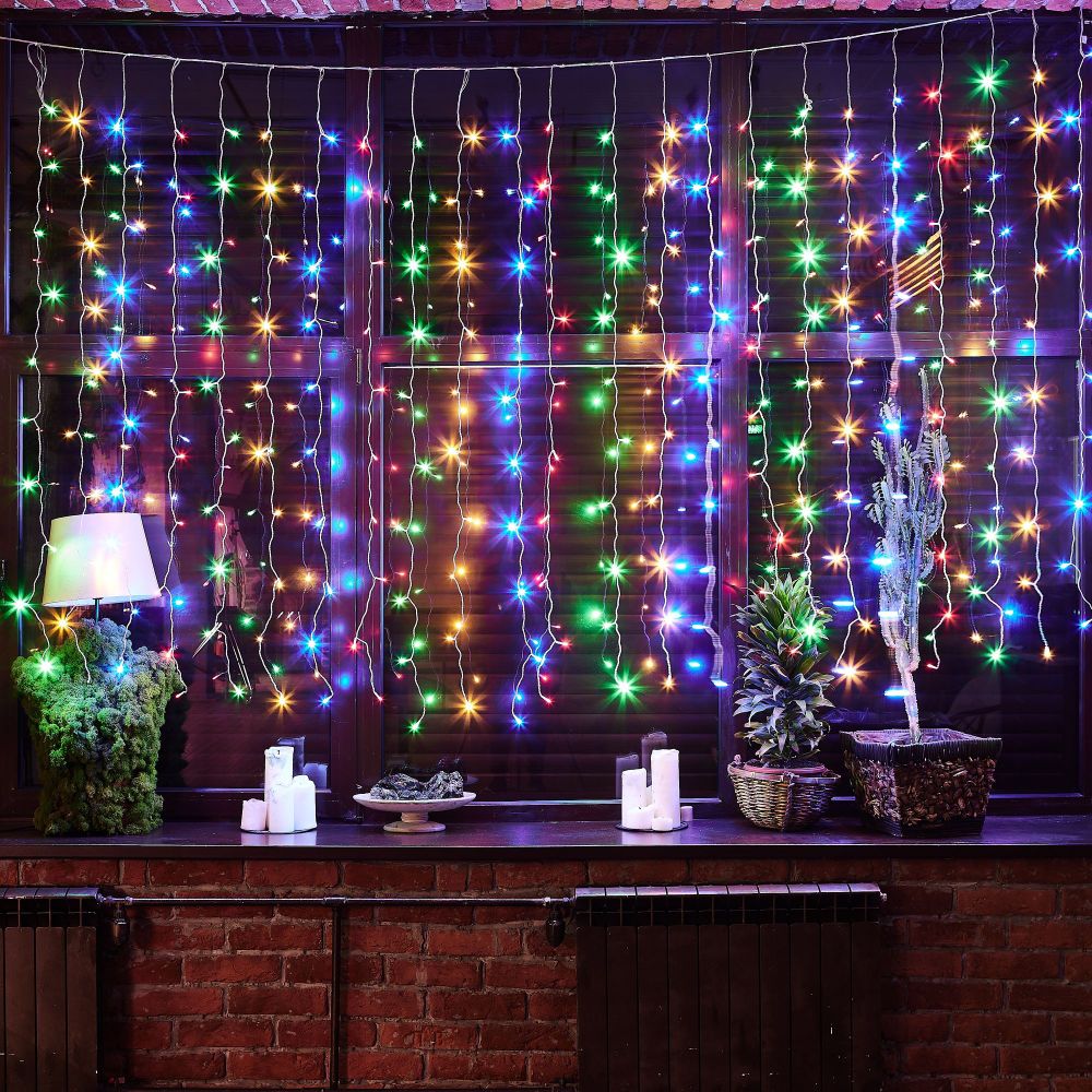 ULD-C3020-240-STK MULTI IP44 Занавес светодиодный со статическим свечением. 3х2м. Соединяемый. 240 светодиодов. Разноцветный свет. Провод прозрачный. TM Uniel