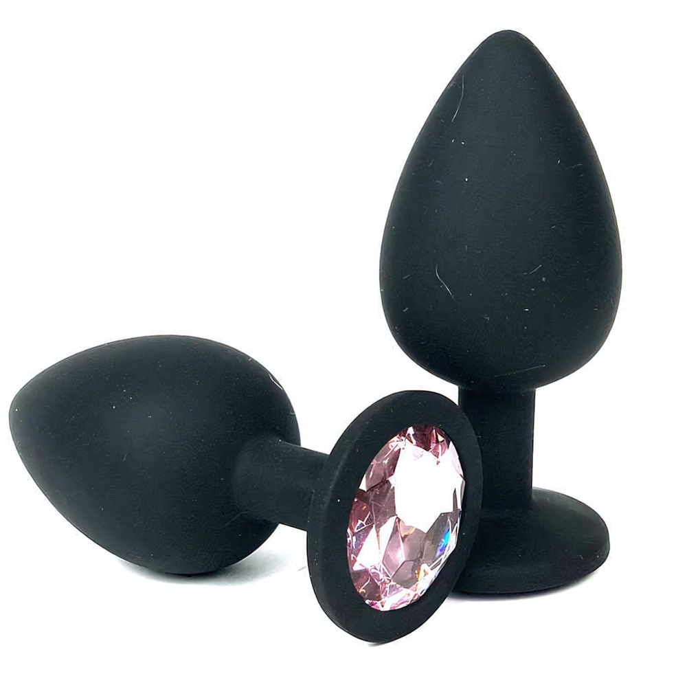 Анальная втулка черная с кристаллом Large светло розовый 9,5 см