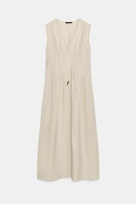 ZARA ПЛАТЬЕ МИДИ ИЗ ЛЬНА СО СБОРКАМИ, СВЕТЛО-БЕЖЕВЫЙ