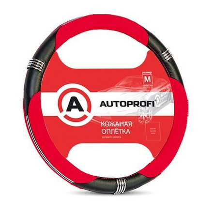 Оплетка руля Autoprofi AP-150 BK/RD (M) черно/красная натуральная кожа вставки иск.мокр.кожа хром.кольца