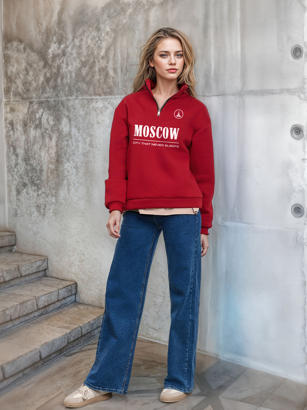 Толстовка женская с зип-воротником "Moscow" красный