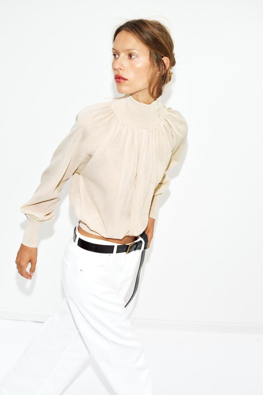 ZARA БЛУЗА СВОБОДНОГО КРОЯ ИЗ КОМБИНИРОВАННОГО ТРИКОТАЖА, ПЕСОЧНЫЙ