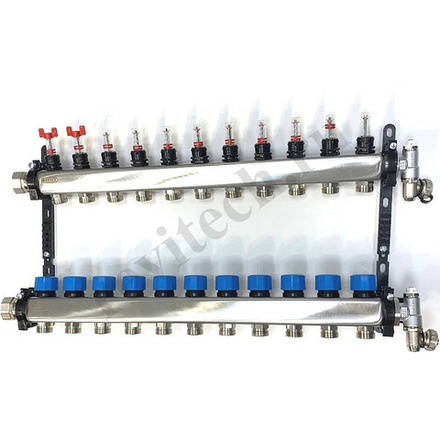 Коллектор HENCO(ХЕНКО) из нержавеющей стали, регулируемый расходомер, воздухоотводчик, дренаж и клапан заполнения, 1” - 11 x 3/4”