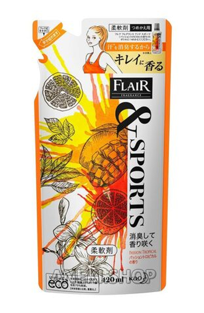 Кондиционер для белья дезодорирующий с ароматом тропических цветов и фруктов 420 мл KAO Flair fragrance & sports (мягкая упаковка)