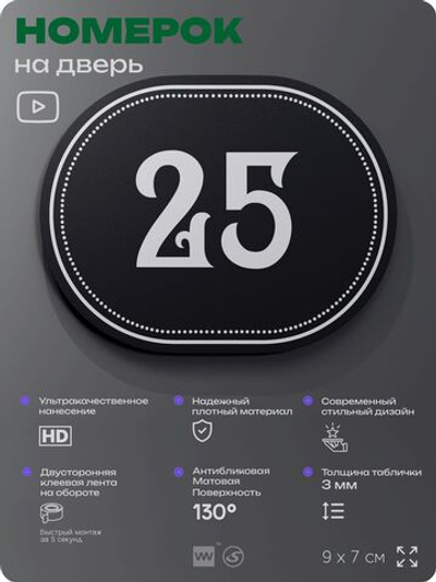 Номерок на дверь квартиры 25, для кабинета, офиса, шильдик 9 х 7 см, черный, Айдентика Технолоджи