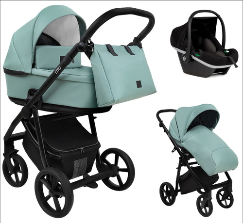 Детская коляска Roan Esso 2025 Кожа 3 в 1 с автокреслом Tutis Elo Black ESSK/214/1 Misti Mint/Grey/руч.Черный