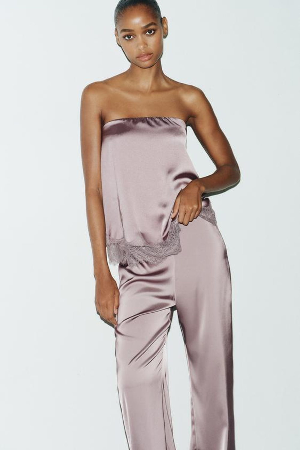 ZARA АТЛАСНЫЕ БРЮКИ С ВЫСОКОЙ ПОСАДКОЙ, СЕРО-КОРИЧНЕВЫЙ