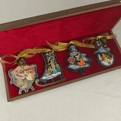 Набор из 4-х ёлочных игрушек "Русская зима" с росписью Палех