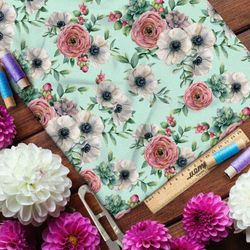 Ткань блэкаут пыльные розы и петуньи на зелёном фоне