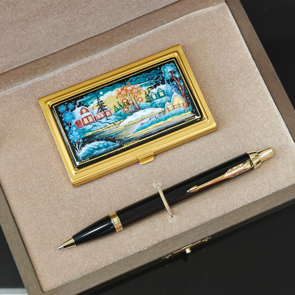 Набор "Русская деревня. Зима" визитница и ручка Parker с ручной росписью Палех