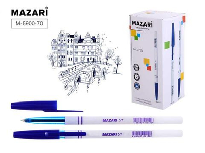 Ручка шарик. 0,7мм. синяя, cмен.стержень 140мм, корп. белый (Mazari)