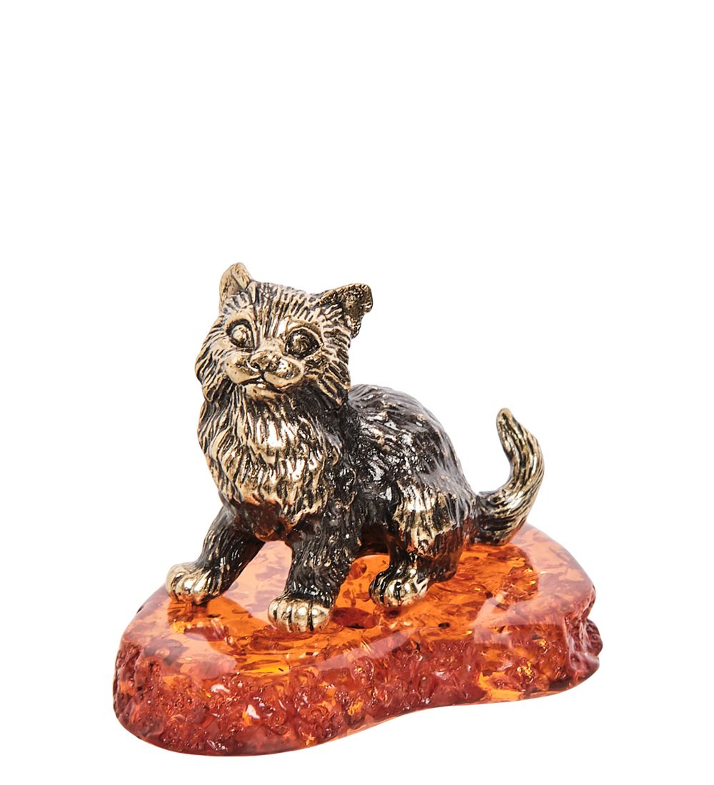 Народные промыслы AM-1051 Фигурка «Котик сидящий» (латунь, янтарь)