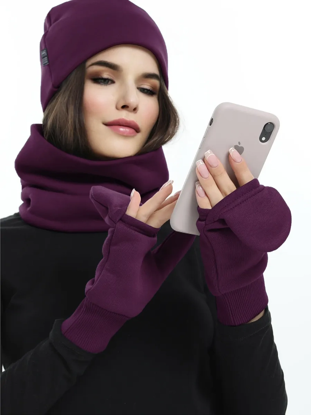 Комплект с начесом: снуд, варежки, шапка