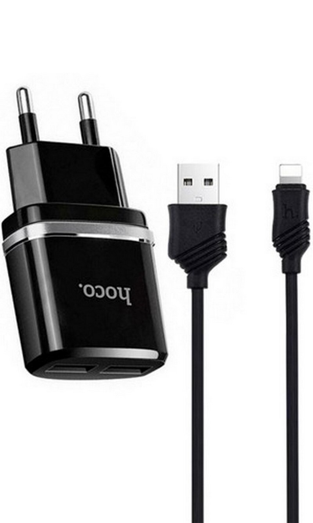 Сетевой адаптер питания HOCO C12 2USB 2.4A + кабель Lightning (черный)
