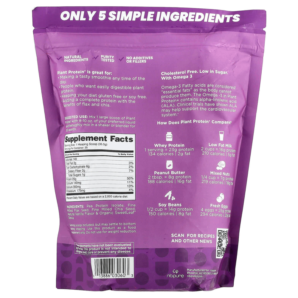 NB Pure, Plant Protein +, кремовая ваниль, 887,5 г (1,95 фунта)