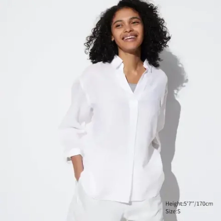 UNIQLO РУБАШКА СО ШКИПЕРСКИМ ВОРОТНИКОМ И РУКАВАМИ 3/4 ИЗ 100% ЛЬНА ПРЕМИУМ-КЛАССА, БЕЛЫЙ