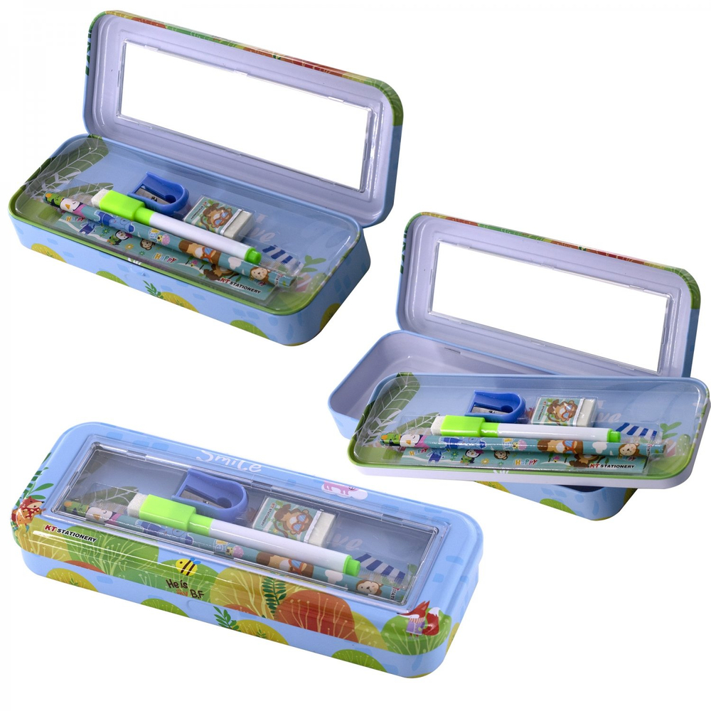 Пенал с наполнением, металлический 2 отделения Alingar, линейка 15 см, 1 ч/г каран, 1 точил, 1 ласт, 1 флом, 75 х 210 мм, "Hello friend", ассорти