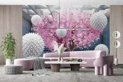 Фотообои виниловые на флизелиновой основе "Дерево с колючими шарами 3D розовый", Арт. 14-079, 400х270см (ШхВ)
