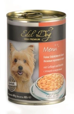 Edel Dog консервы для собак всех пород нежные кусочки с птицей и морковью в соусе