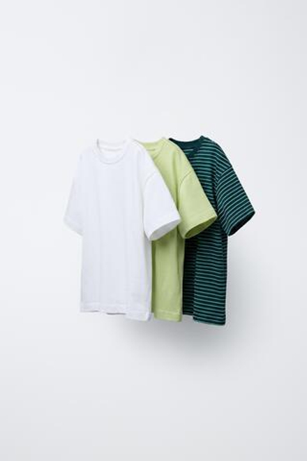 ZARA НАБОР ИЗ ТРЕХ ФУТБОЛОК В ПОЛОСКУ И ОДНОТОННЫХ, ЛАЙМОВЫЙ