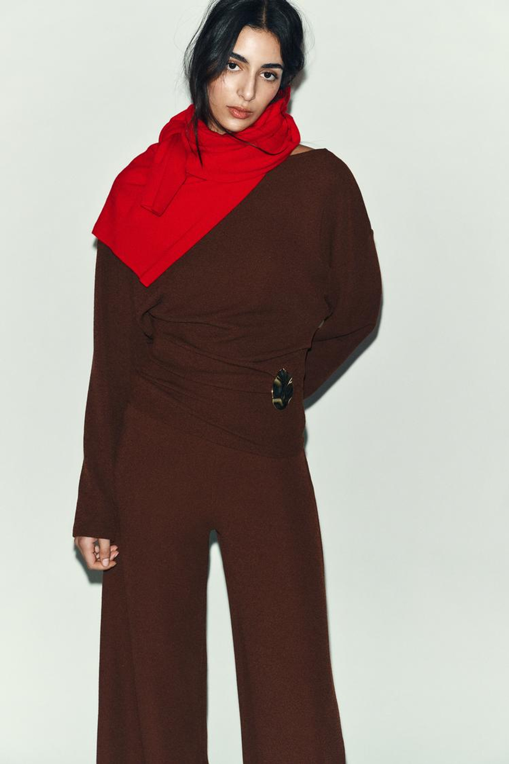 ZARA ФАКТУРНЫЙ ТОП С ПРЯЖКОЙ, КОРИЧНЕВЫЙ