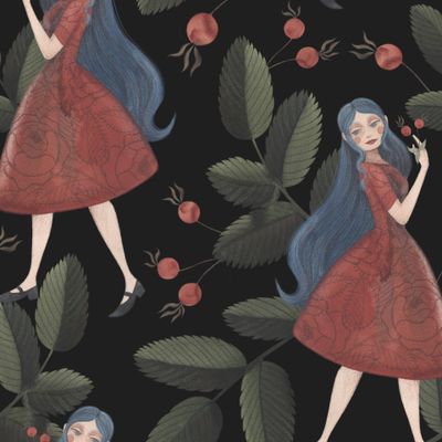 Мальвина и шиповник на черном фоне