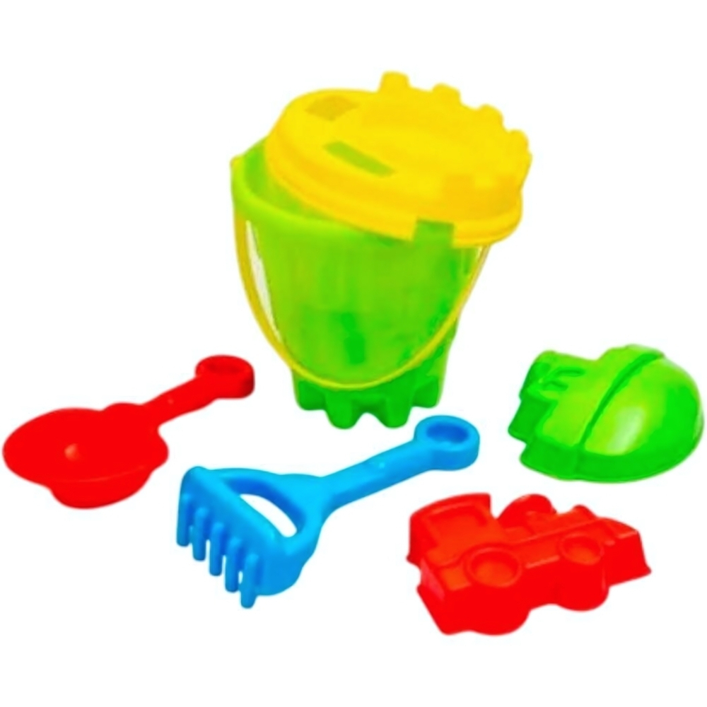 Песочный набор №13 (6 предм.- ведро, сито, лопатка, грабли, формочка-паровозик, формочка-кораблик)