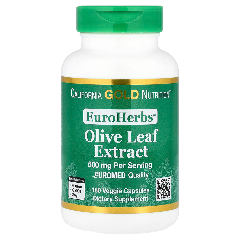California Gold Nutrition, EuroHerbs™, экстракт листьев оливкового дерева, качество Euromed, 500 мг, 180 растительных капсул