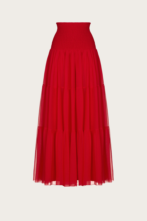 ЮБКА С КОКЕТКОЙ ИЗ КРАСНОГО ШЕЛКОВОГО ШИФОНА