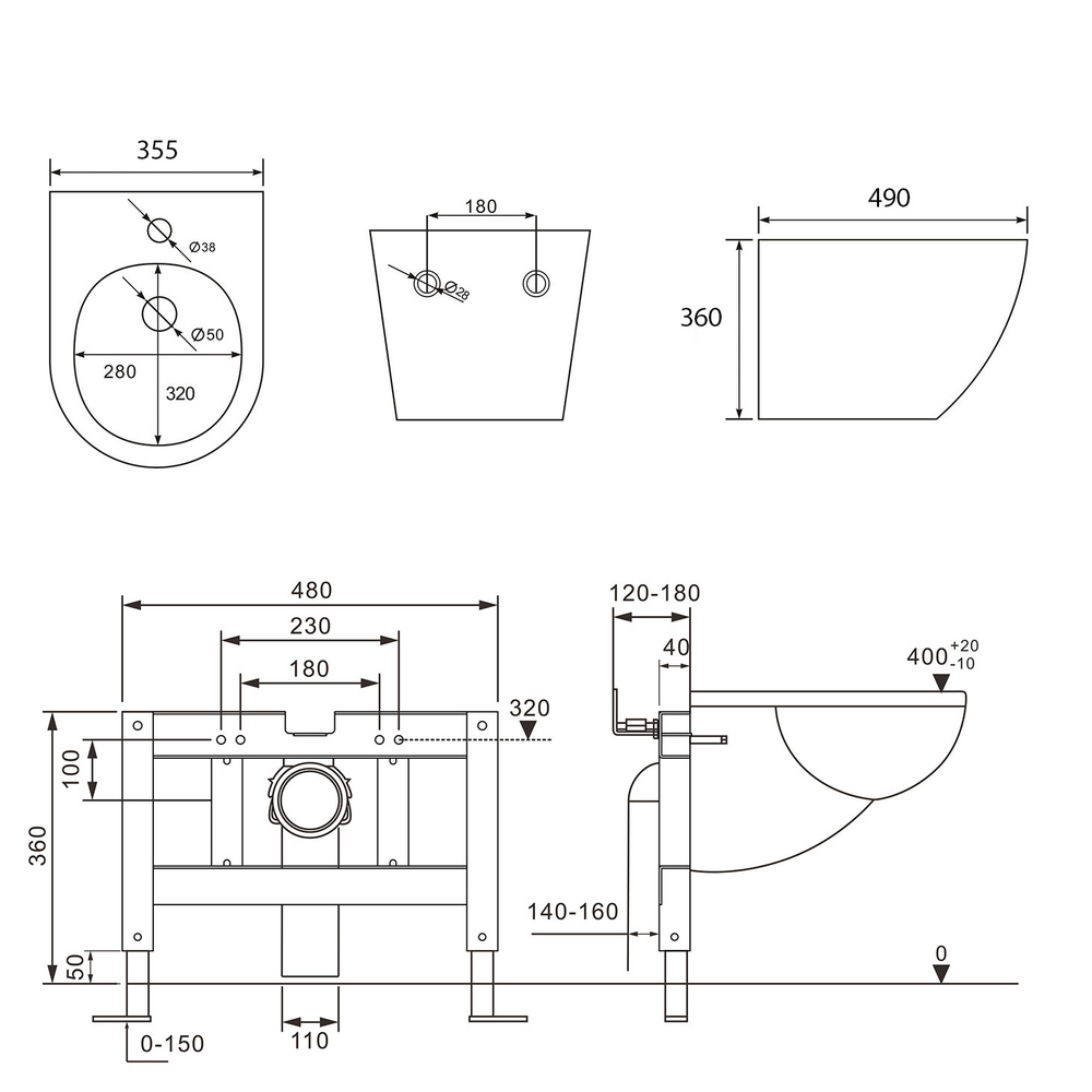 Комплект ABBER унитаз AC1100MB черный матовый с инсталляцией AC0105 и кнопкой AC0121MB, биде AC1150MB с инсталляцией AC0101P