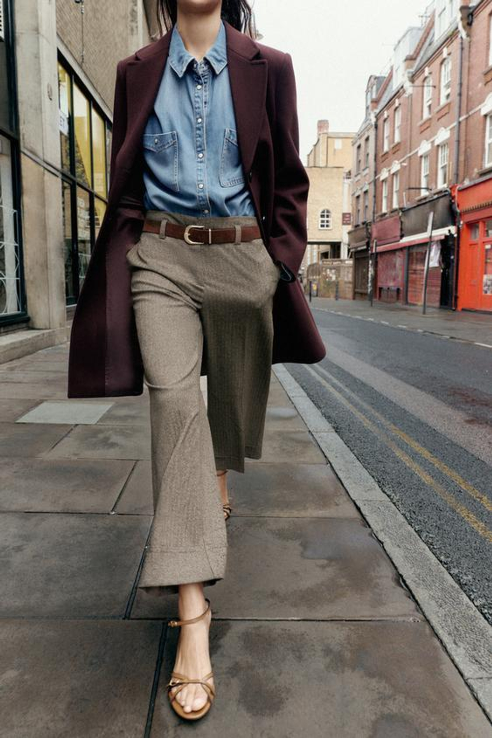 ZARA БРЮКИ В ЕЛОЧКУ С РЕМНЕМ, КОРИЧНЕВЫЙ