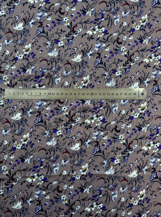 Штапель принт цветы мелкие фиолетовый/белый/серый на сиреневом D08C1