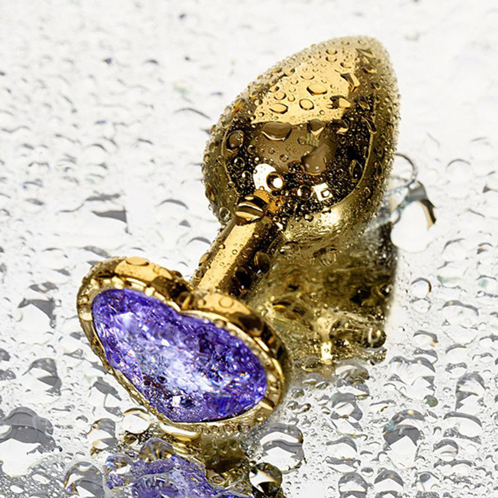 Золотистая анальная втулка 7см с фиолетовым кристаллом сердечком ToyFa Metal 717016-134