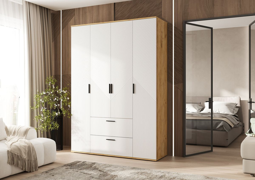 Шкаф для одежды распашной с полками и штангой 4 створки Браш Графит/Дуб Юкон 160х 51х 223 см