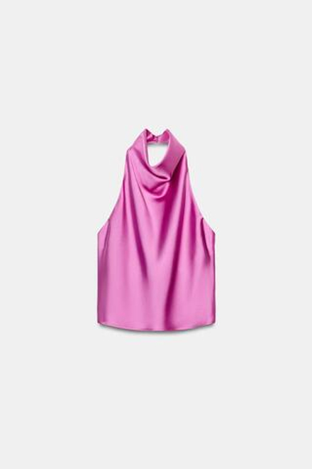 ZARA АТЛАСНЫЙ ТОП С ГОРЛОВИНОЙ ХАЛТЕР, РОЗОВЫЙ/ЛИЛОВЫЙ
