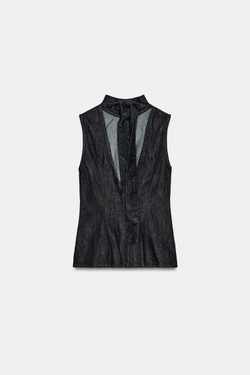 ZARA ДЖИНСОВЫЙ ТОП TRF С ГОРЛОВИНОЙ ХАЛТЕР И ЗАВЯЗКАМИ, ТЕМНЫЙ ИНДИГО