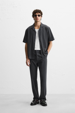 ZARA РУБАШКА ИЗ ХЛОПКА И ЛЬНА, УГОЛЬНЫЙ