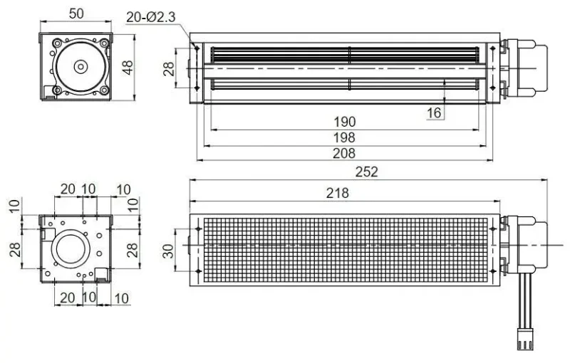 Вентилятор тангенциальный VD103-12D-G с решеткой 50 м3/час, 0.09А, 12В DC, 2600 об/мин