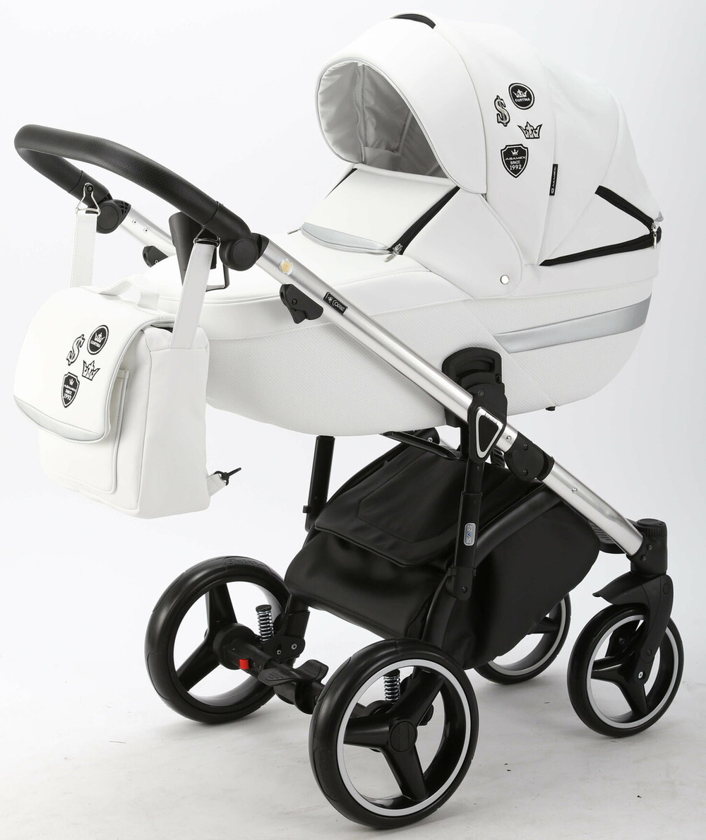 Детская коляска Adamex Cortina Deluxe 2 в 1 CT301 (БЕЛ.КОЖА+СЕРЕБ.ОТДЕЛКА+ ХРОМ РАМА)