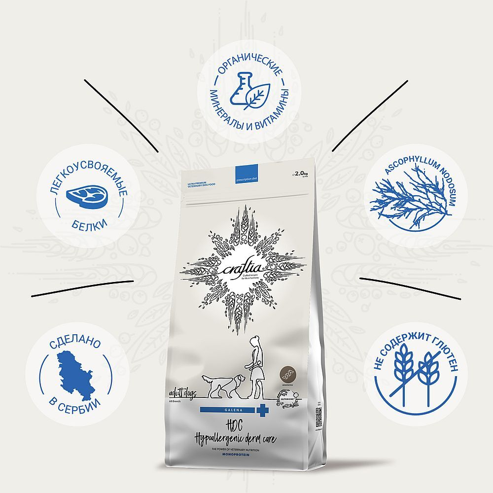 CRAFTIA GALENA DOG HYPOALLERGENIC DERM CARE для собак при пищевой аллергии и заболеваниях кожи 2 кг