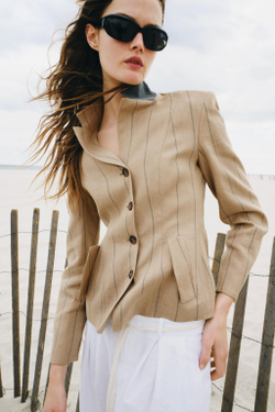 ZARA БЛЕЙЗЕР В ПОЛОСКУ ИЗ СМЕСОВОГО ЛЬНА — ZW COLLECTION, МЯГКИЙ КАШТАНОВЫЙ