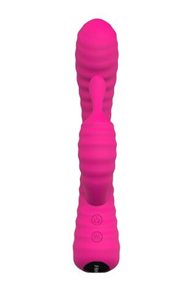 Розовый ребристый вибратор с клиторальным стимулятором S-HANDE Moonlight - 21,1 см. (Цвет: розовый)