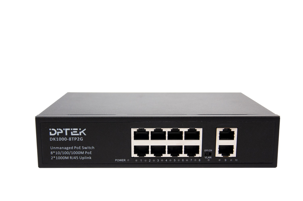 Коммутатор-свитч DPTEK DK1000, 8 портов RJ45 PoE 1Гбит/с, 2 порта Uplink 1Гбит/с